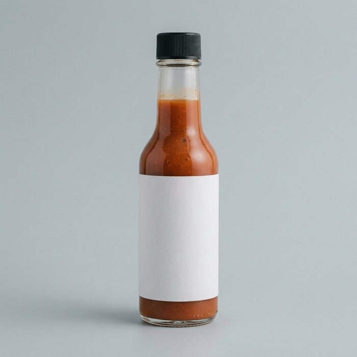 A plain unbranded hot sauce bottle with a blank label